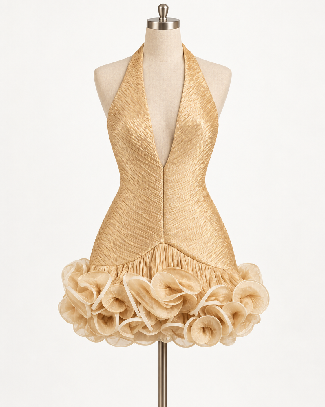 Ruched Ruffle Halter Mini Dress
