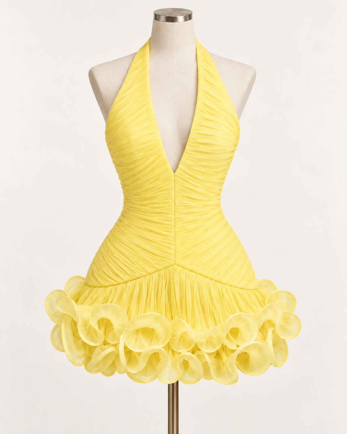 Ruched Ruffle Halter Mini Dress