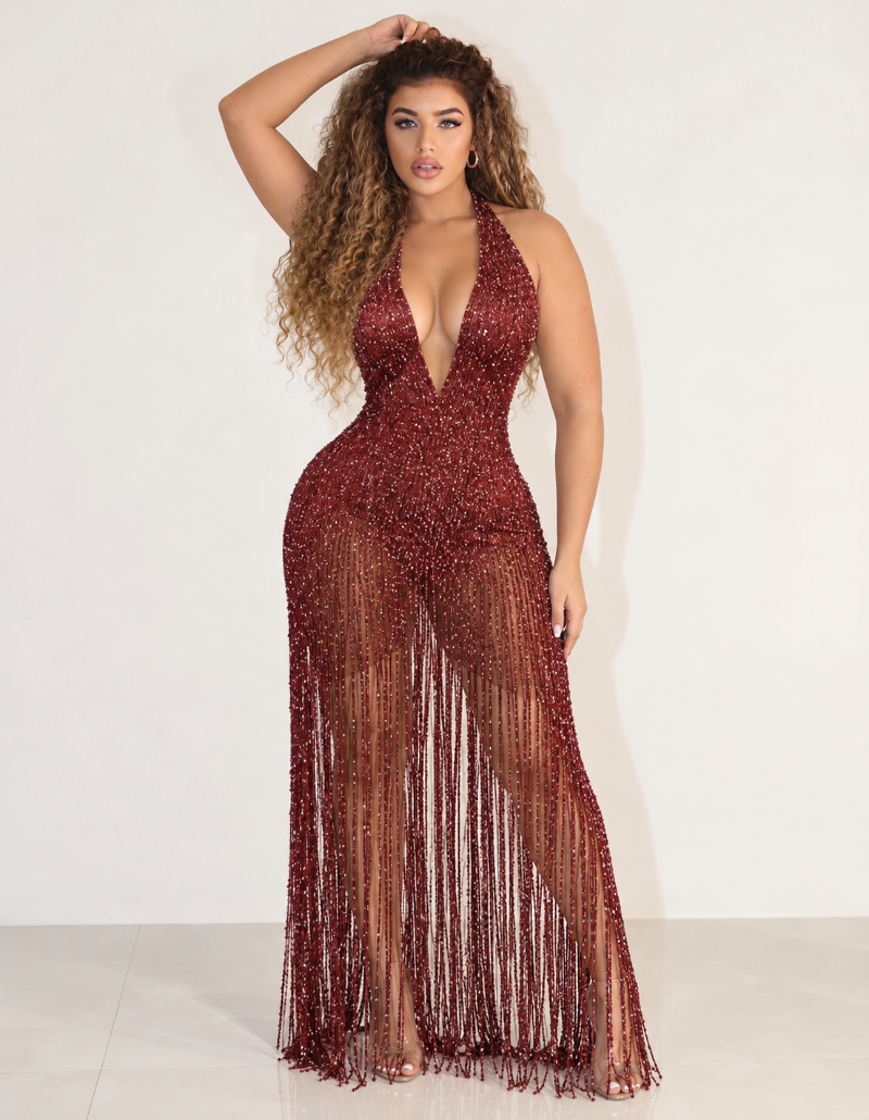 Burgundy Luxe Fringe Maxi Dress