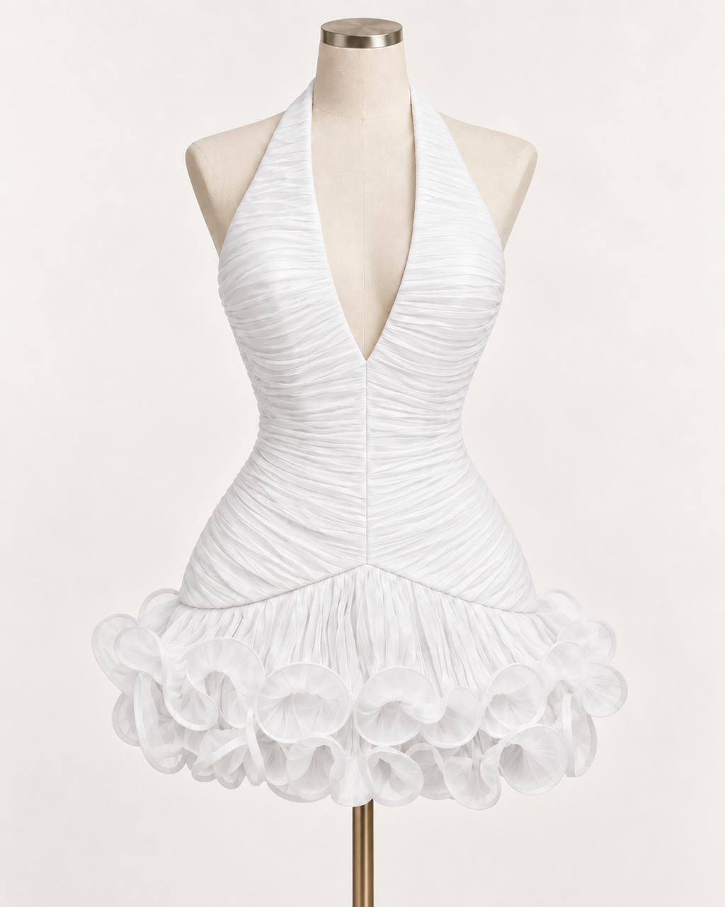 Ruched Ruffle Halter Mini Dress