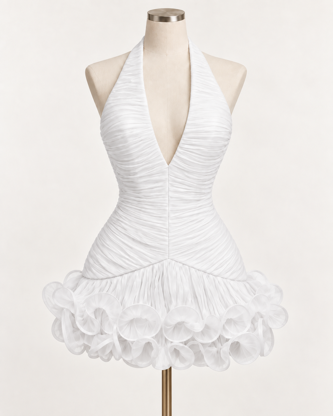 Ruched Ruffle Halter Mini Dress
