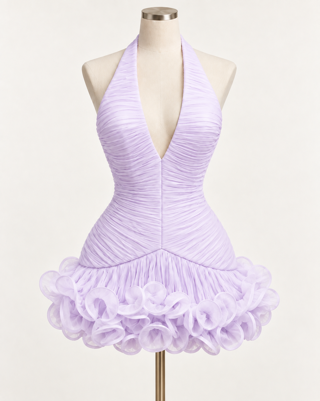 Ruched Ruffle Halter Mini Dress