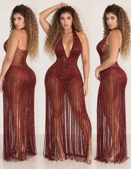 Burgundy Luxe Fringe Maxi Dress