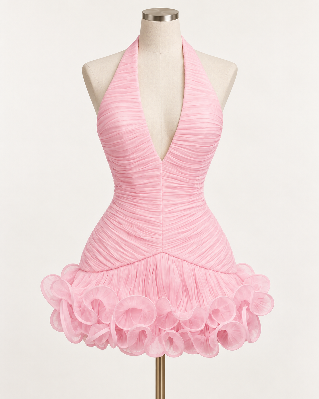 Ruched Ruffle Halter Mini Dress