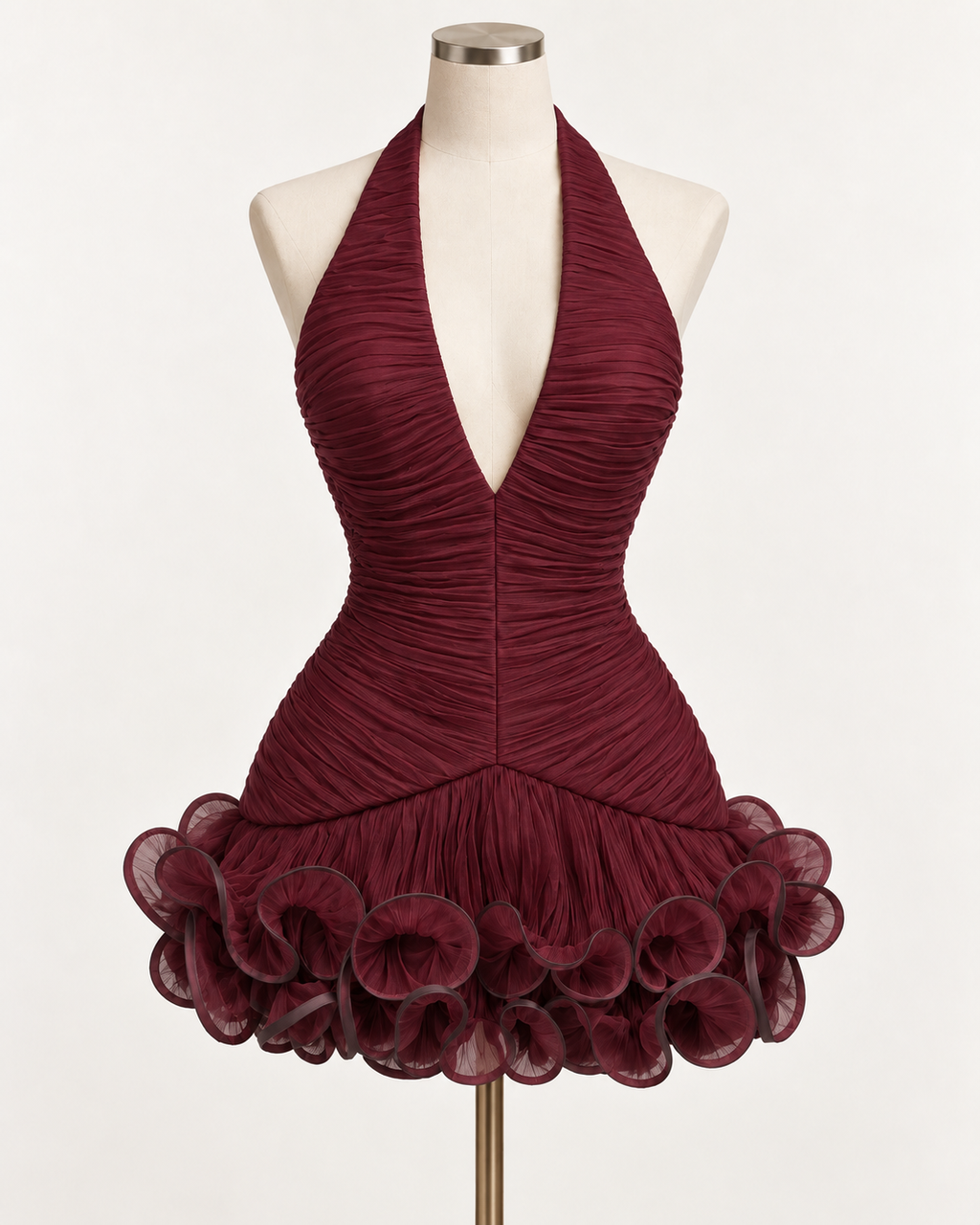 Ruched Ruffle Halter Mini Dress