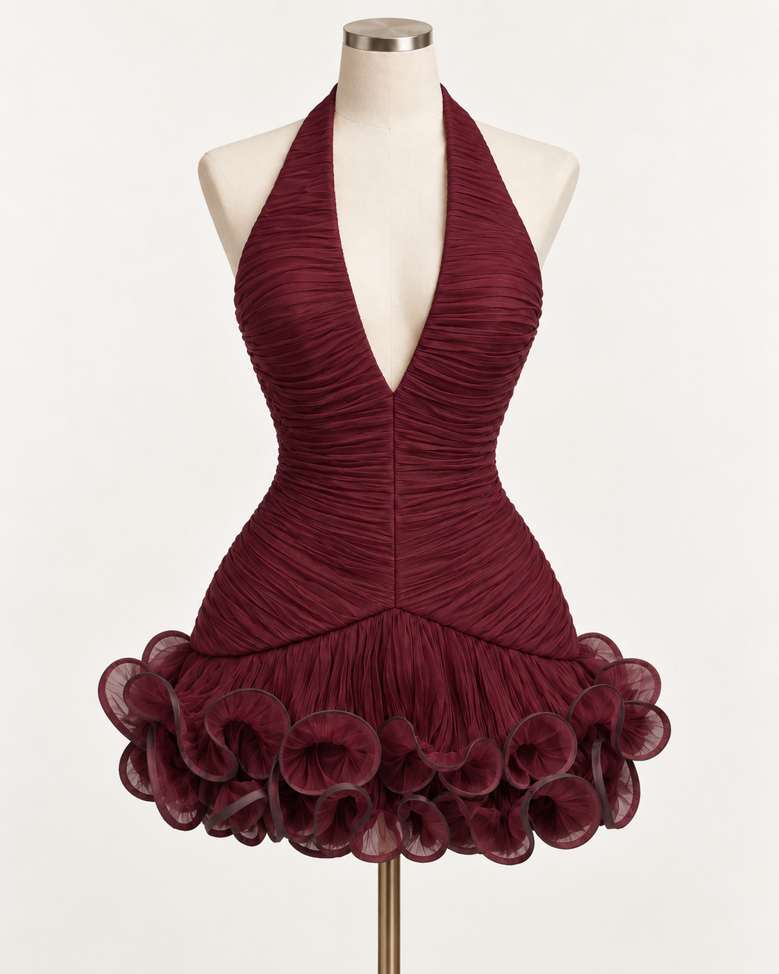 Ruched Ruffle Halter Mini Dress