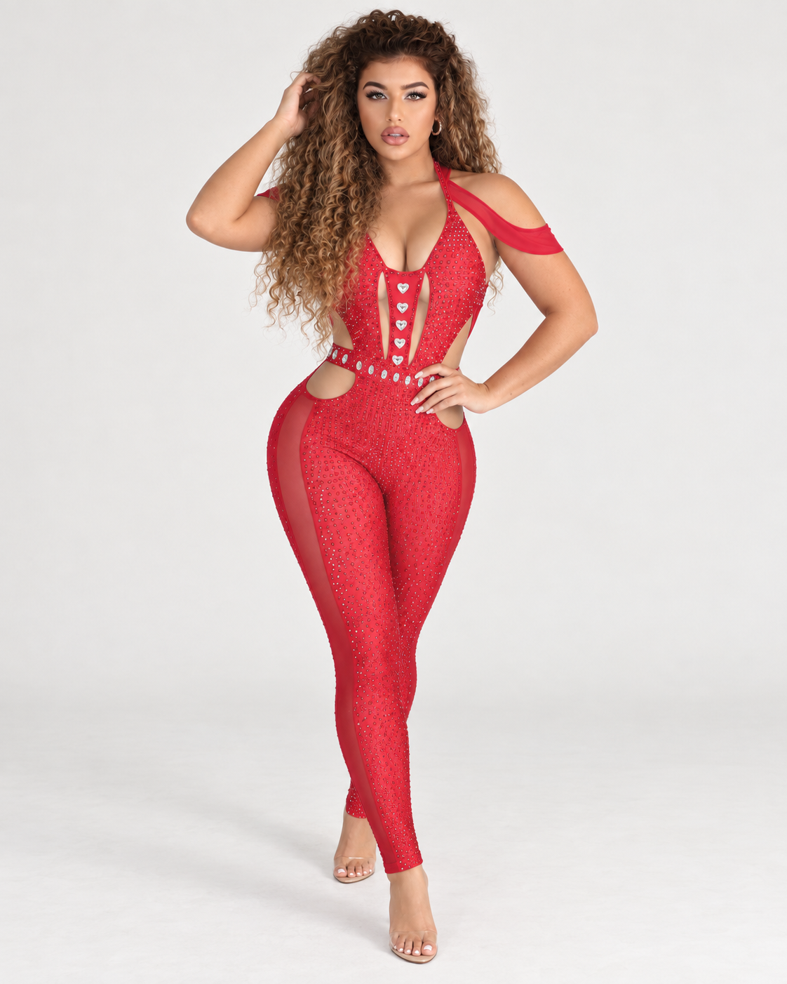 Red embellished jumpsuit ￼